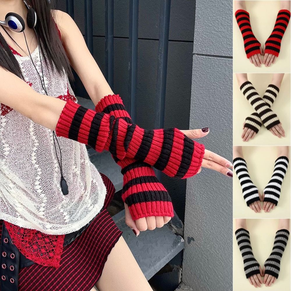 Fashion Y2K Striped Knitted Ar - Fingerless Glove Knit recension och pris